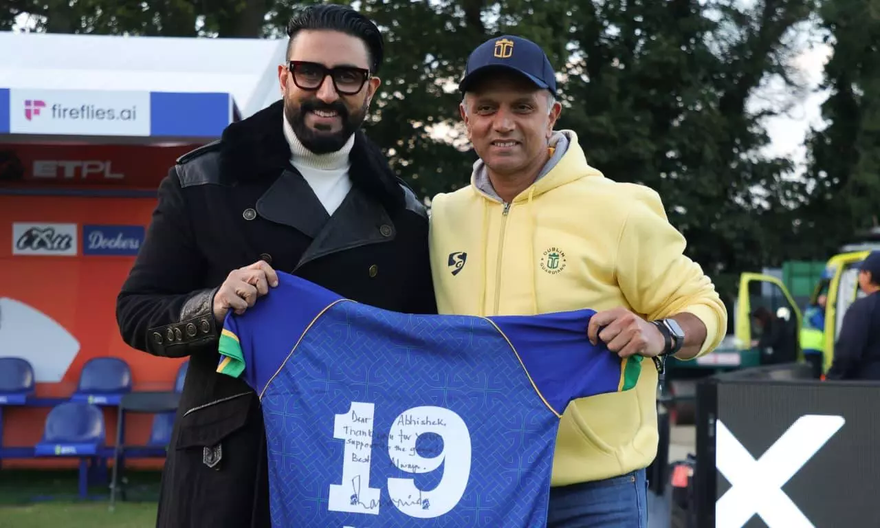 Rahul Dravid gifts his No. 19 jersey to Abhishek Bachchan as ETPL makes its mark in European Cricket
