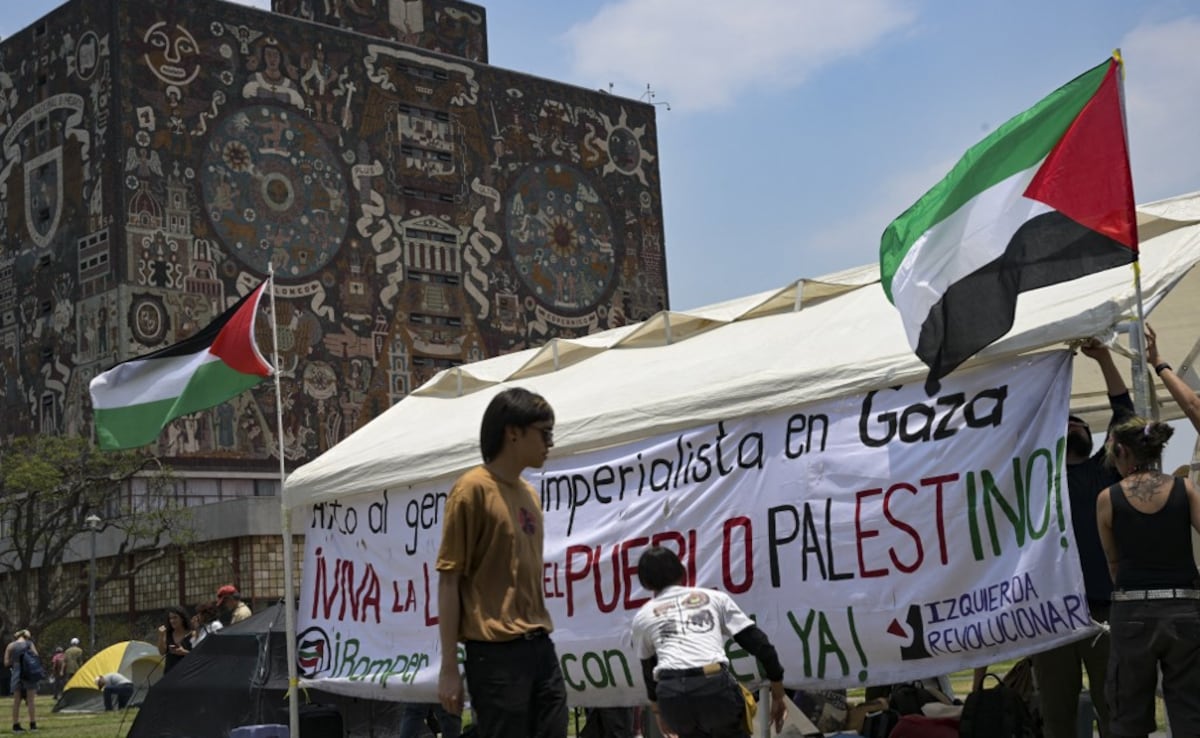 Activists from the Interuniversity and Popular Assembly in Solidarity with the People of Palestine erect a tent in front of the rectory building of the Autonomous University of Mexico as part of a camp to protest Israels attacks on the Gaza Strip
