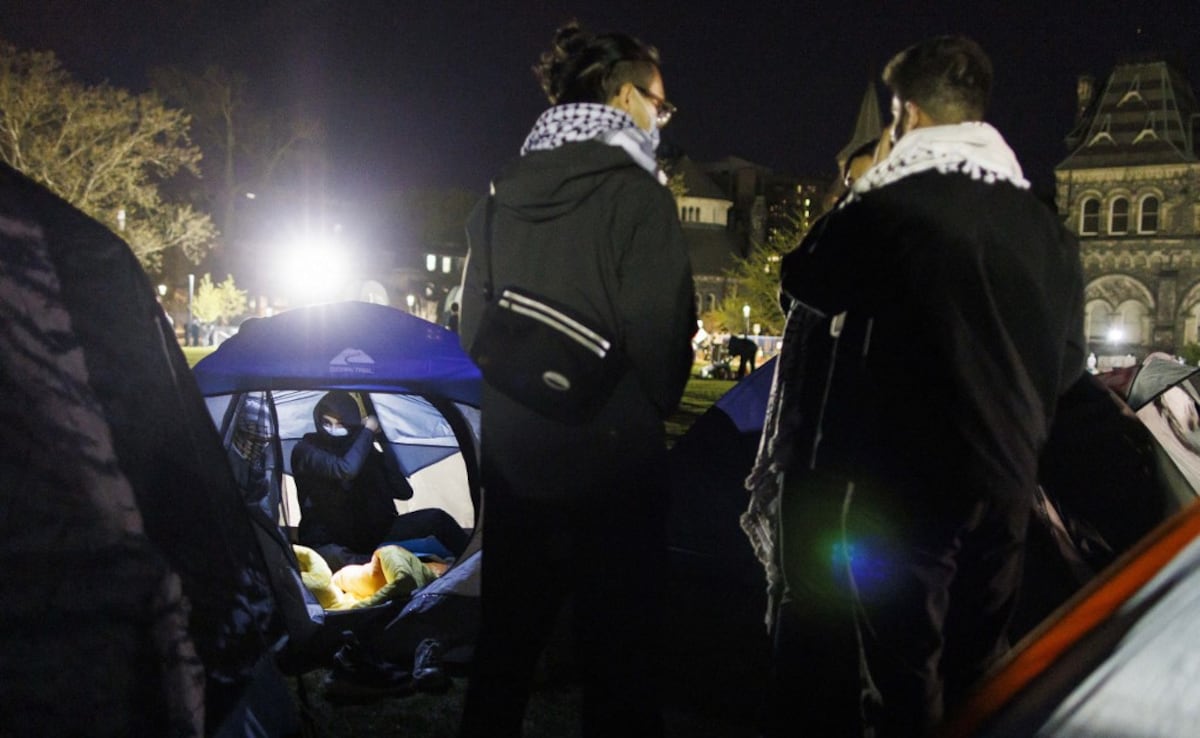 Pro-Palestinian demonstrators at an encampment on the University of Toronto campus