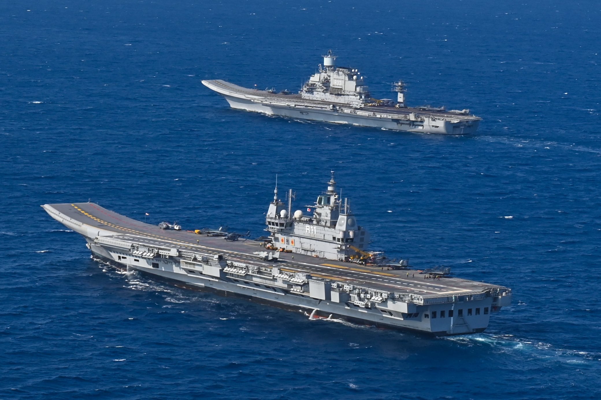 India operates two aircraft carriers, the INS Vikramaditya (in the distance) and INS Vikrant India operates two aircraft carriers, the INS Vikramaditya (in the distance) and INS Vikrant