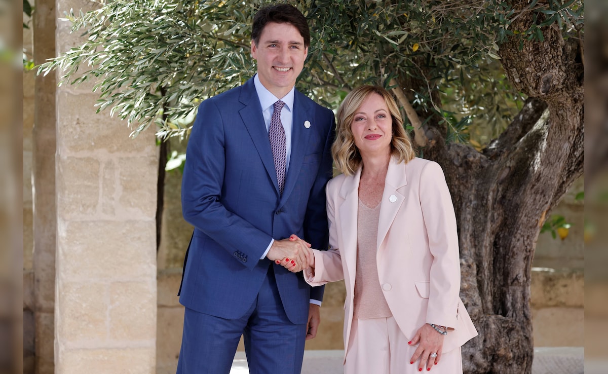 Italy PM Georgia Meloni welcomes Canada PM Justin Trudeau at the G7 Summit. Italy PM Georgia Meloni welcomes Canada PM Justin Trudeau at the G7 Summit.