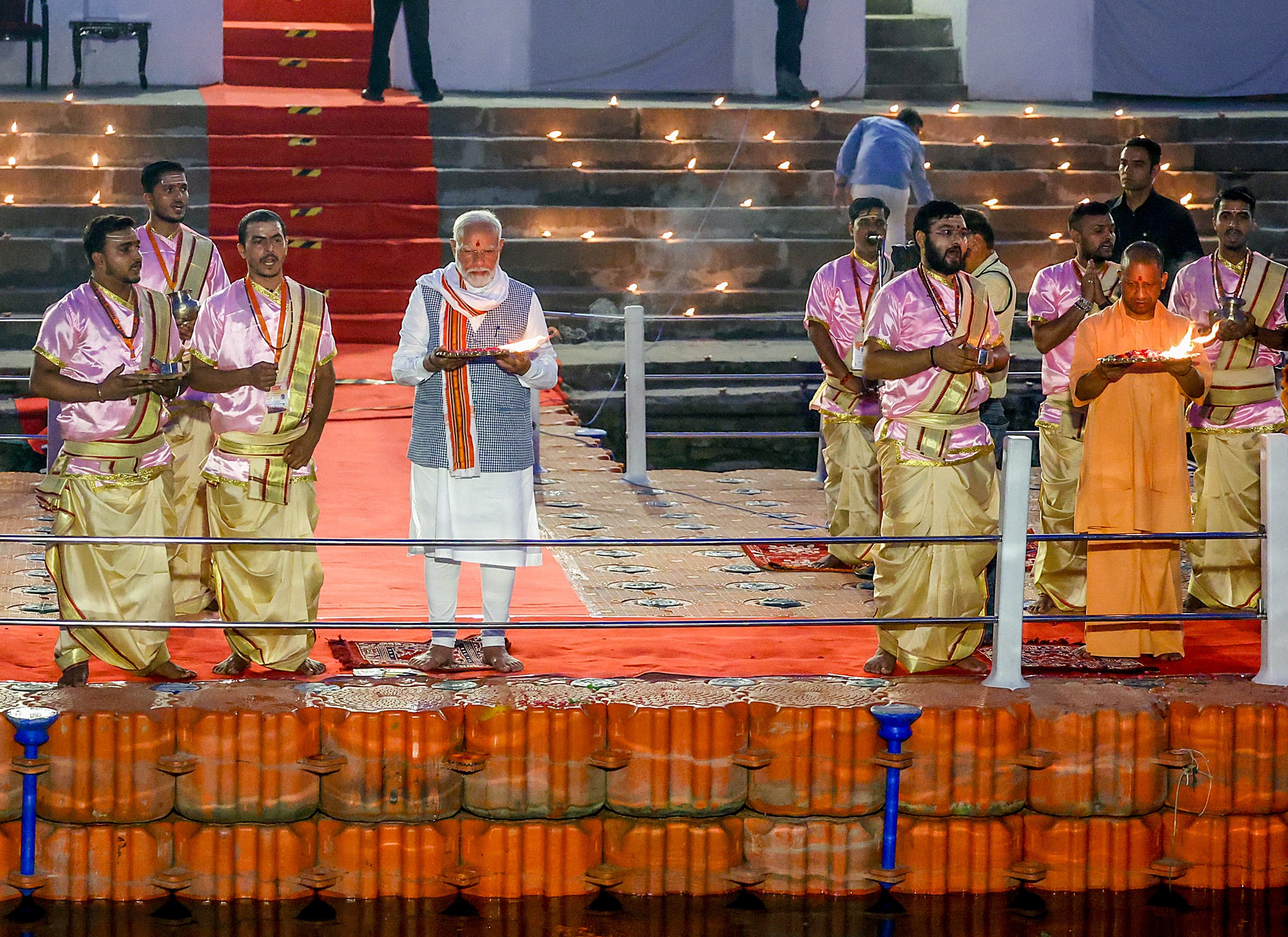 PM Modi performs Ganga aarti at Dashashwamedh Ghat, in Varanasi on Tuesday (ANI) PM Modi performs Ganga aarti at Dashashwamedh Ghat, in Varanasi on Tuesday (ANI)